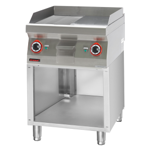 Płyta grillowa 1/2gł. + 1/2ryf. chromowana 600 mm 8kW na podstawie szafkowej otwartej | 700.PBE-600GR.S, Kromet