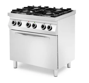 Kuchnia gazowa 4-palnikowa na podstawie z trzech stron zamkniętej, z piekarnikiem gazowym lub konwekcyjnym, HENDI, GN 1/1, srebrny, 230V/22000W, 19kW, 800x700x(H)900mm